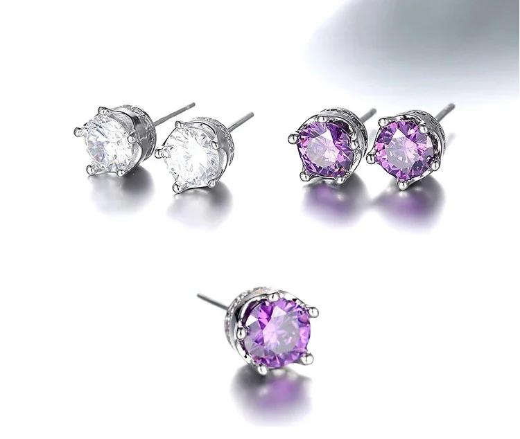 Sales 925 Silver Purple Amethyst Stud Earrings For Women Classic Real Crown Crystal Wedding Party Designer Jewelry