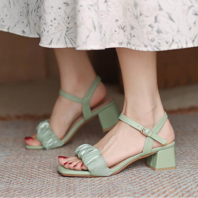 Женская обувь на квадратном каблуке с открытым носком, женские босоножки для вечеринок и свадеб, пряжки, корейская повседневная удобная элегантная винтажная обувь H