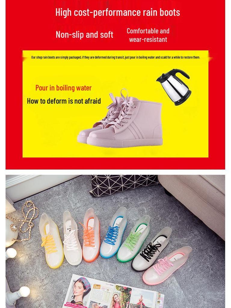 Jelly Transparent Non-Slip Waterproof Rain Boots for Women, Short Tube with Velvet Cotton, Fashionable Rubber Over Shoes for Summer.
