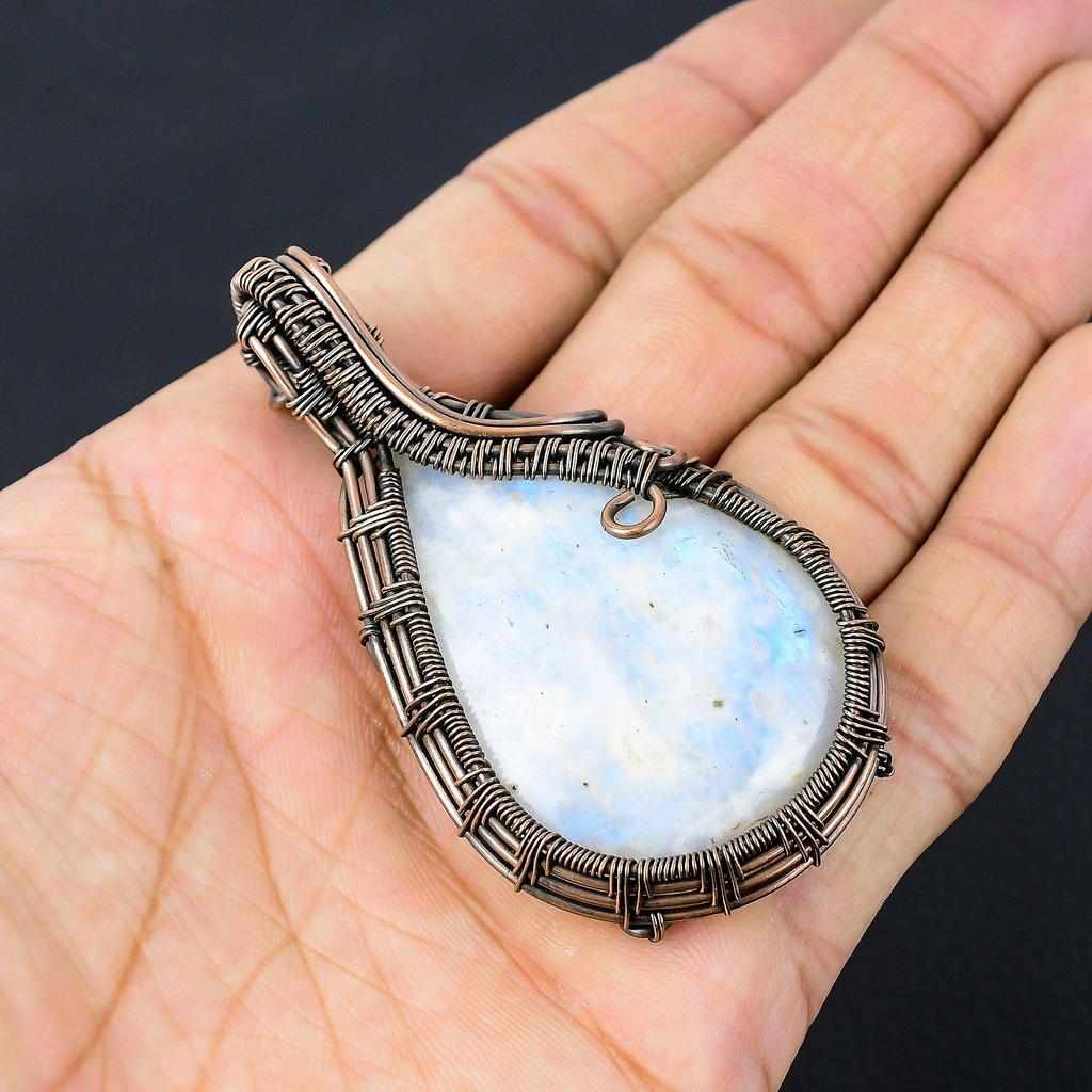 Лунный камень Драгоценный камень Чистая медная проволока Обернутая ювелирная подвеска ручной работы