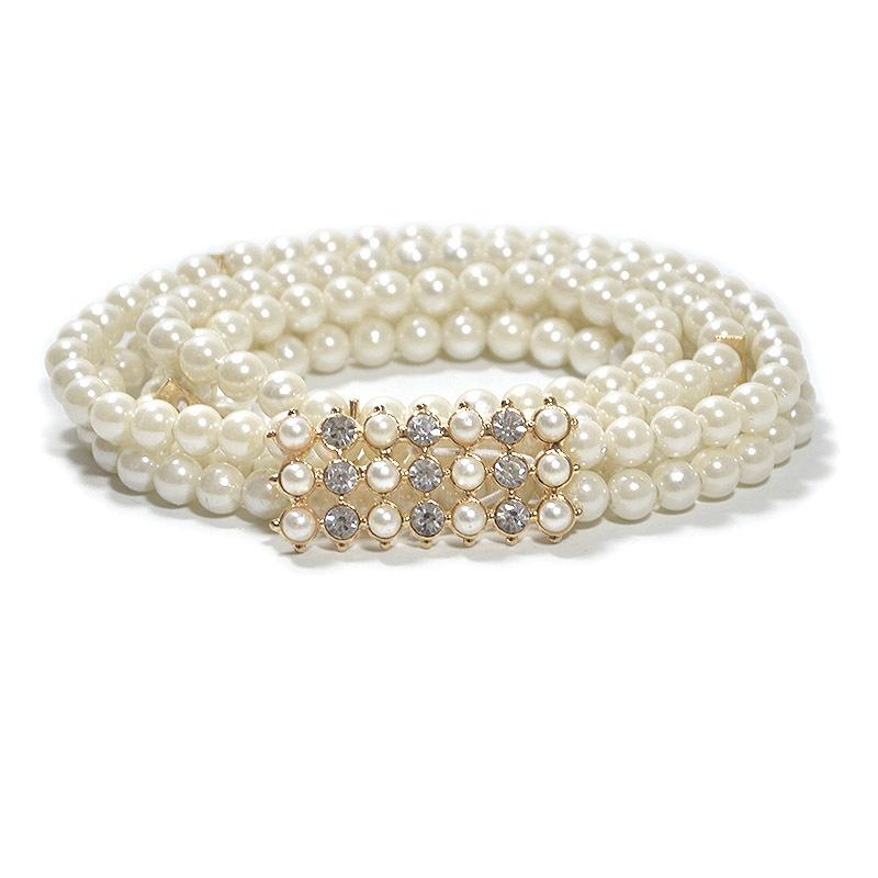 Meier Women's waist chain pearl elastic belt rhinestone inlaid buckle thin belt