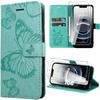 Protective Case - BOOLING - for iPhone 16e - Green Synthetic Leather Butterfly Pattern - 2 Tempered Glasses