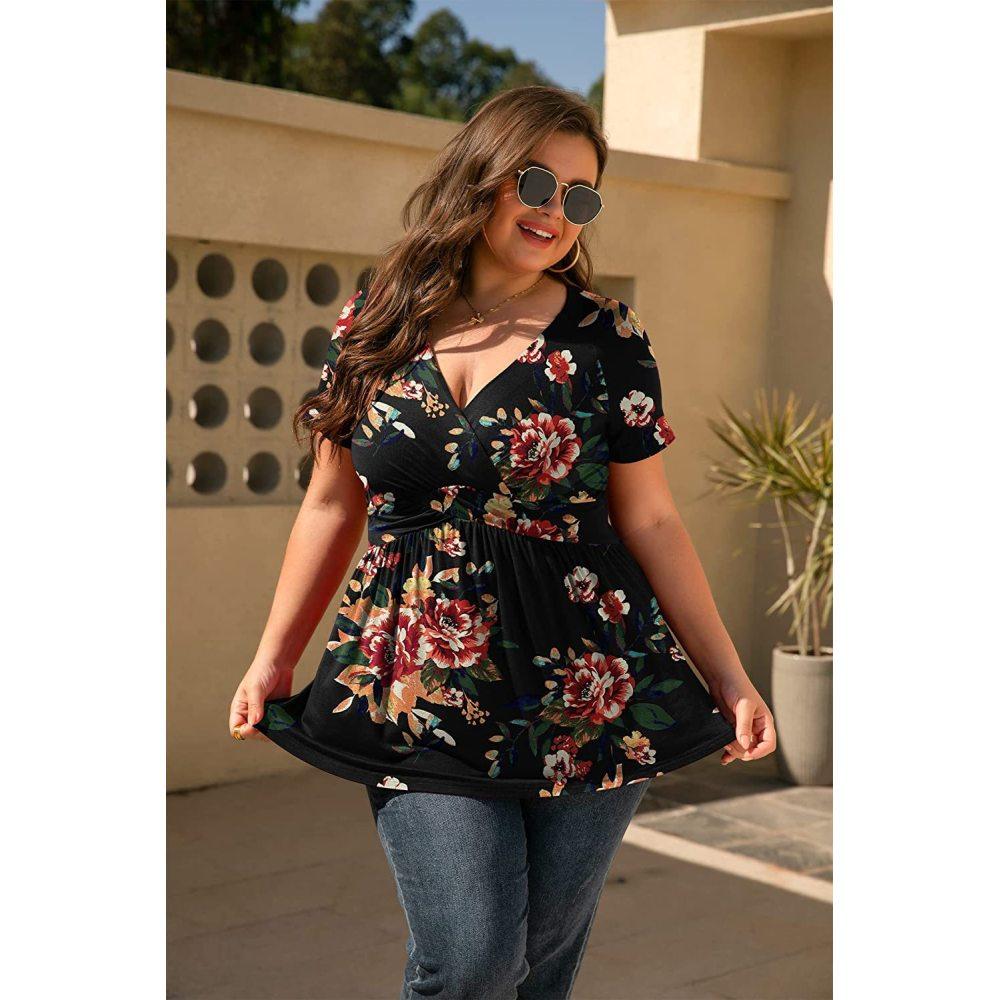 Plus Size Women's Spring and Summer V-neck Printed Short-sleeved T-shirt