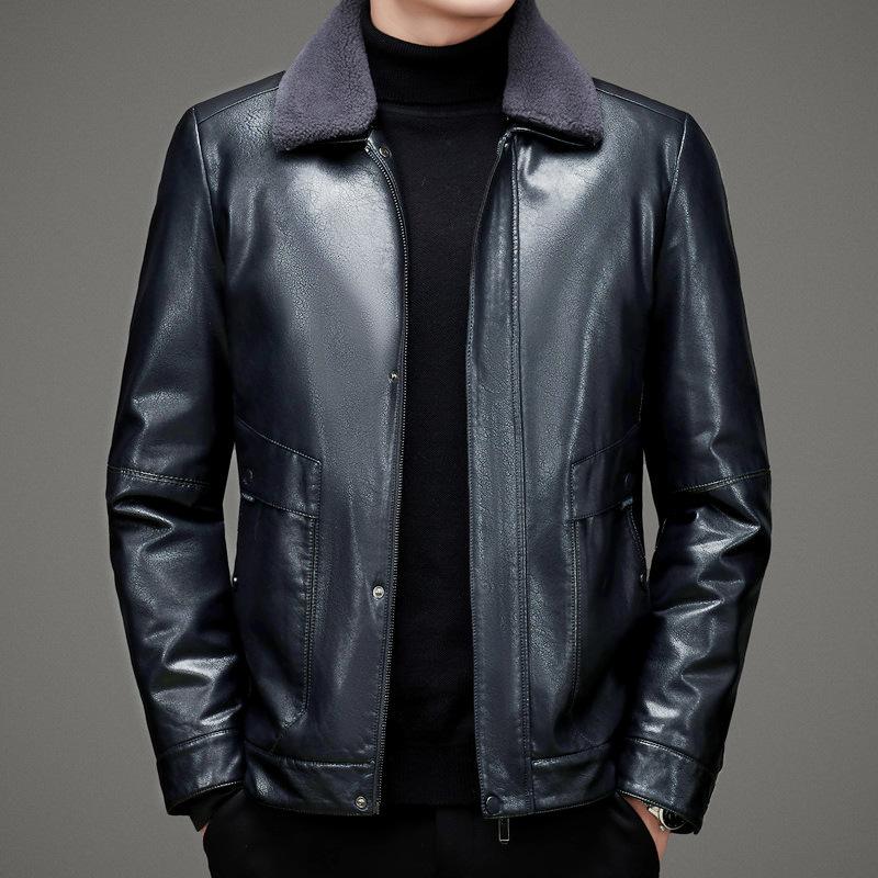 Leather Jacket Men's Genuine Leather Casual Plus Velvet Thickened Short Jacket Lapel Down Jacket Winter