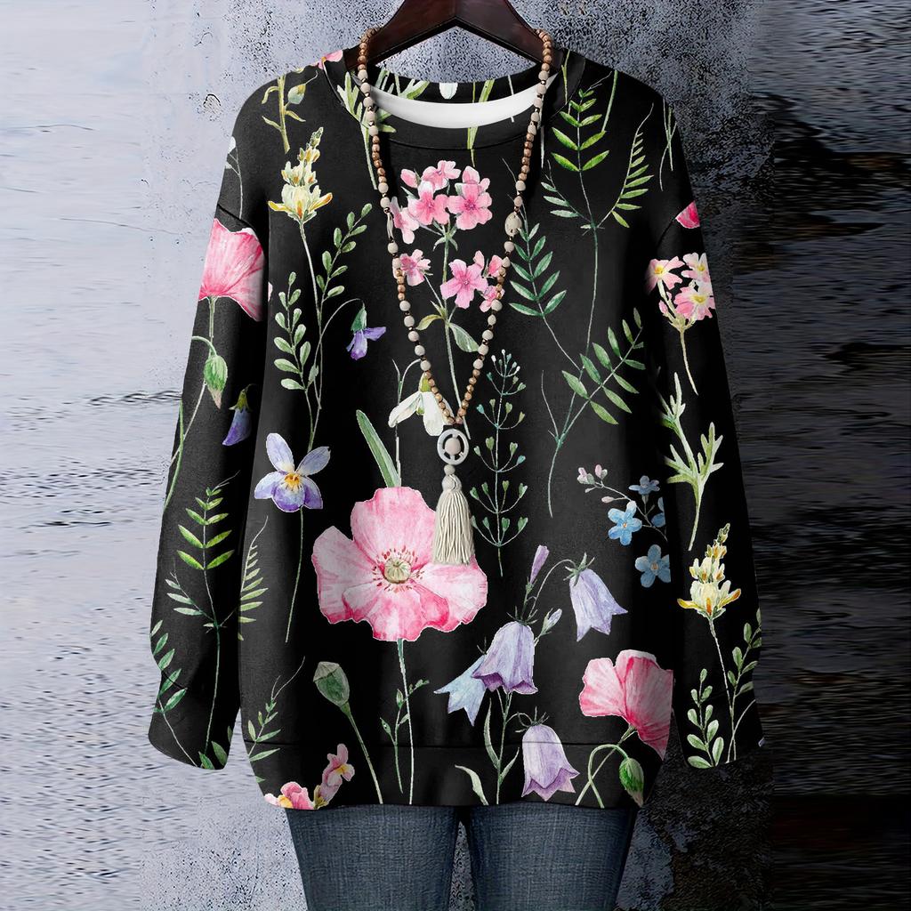 Женская футболка с цветочным принтом, круглым вырезом и длинными рукавами, свитшот
