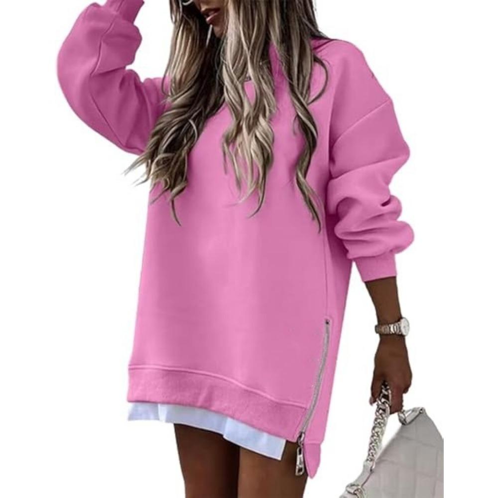 Autumn and Winter Women's Fashion Splicing Side Zip Design Pullover Sweatshirt