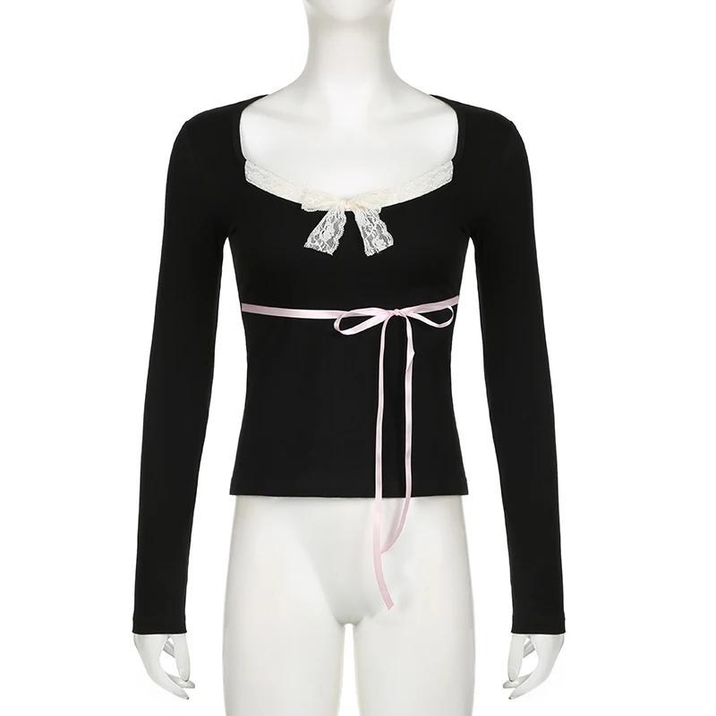 Y2K кружевной лоскутный топ контрастного цвета, женские осенне-весенние кокетливые футболки с лентой на шнуровке и бантом, милые повседневные базовые футболки