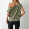 Women's Short Sleeve Shirt Loose Satin Top Embossed Lace V-neck Silk Lined Top