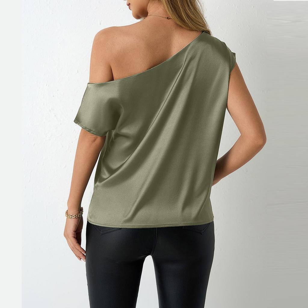 Women's Short Sleeve Shirt Loose Satin Top Embossed Lace V-neck Silk Lined Top