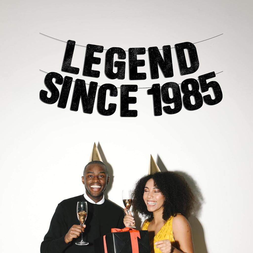Pre-Strung Legend Since 1985 - Black Glitter Banner, Happy 40th Birthday Decorations for Men, 40 Year Old Party Decor Sign for Him
