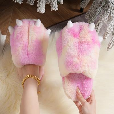 Новые забавные тапочки с изображением лап животных для женщин, цветные меховые шлепанцы, женские домашние пушистые туфли, женские ультралегкие зимние комнатные тапочки