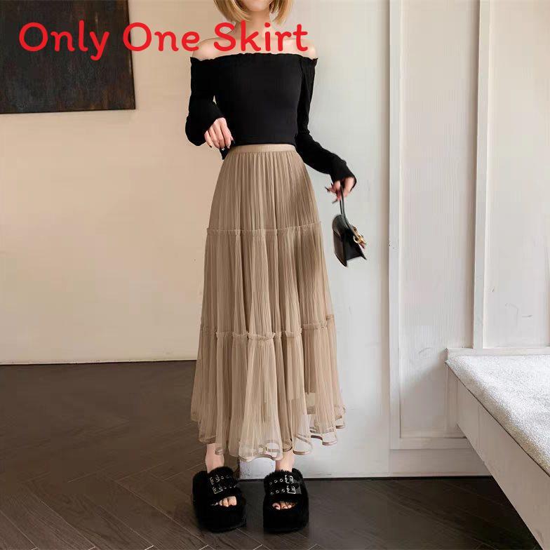 Cotton Blend Mesh Maxi Skirt With Pleats For Summer Casual Women