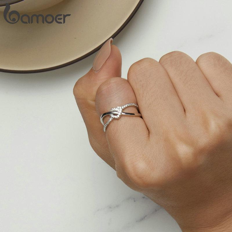 BAMOER, стерлинговое серебро 925 пробы, витое кольцо с геометрическим рисунком, двухслойное кольцо с узлом в форме сердца, обручальное кольцо, ювелирные изделия, подарок для женщин