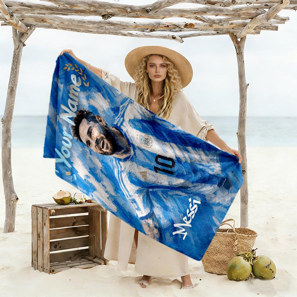 Football Messi Personalized Text Beach Towel Super Soft & Absorbent Perfect for Traveling Yoga Camping and Swimming