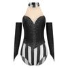 Womens Circus Ringmaster Bodysuit Glittery Rhinestone Color Block Sleeveless Leotard Fingerless Gloves Gymnastic Dancewear
