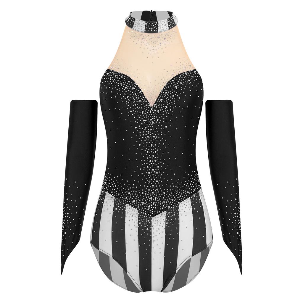 Womens Circus Ringmaster Bodysuit Glittery Rhinestone Color Block Sleeveless Leotard Fingerless Gloves Gymnastic Dancewear