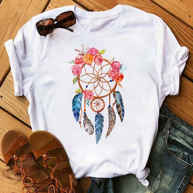 Fashion Feather Dreamcatcher T Shirt Women Harajuku Graphic Tees Shirt Femme Dream Catcher Women's T-shirt Clothes Tops