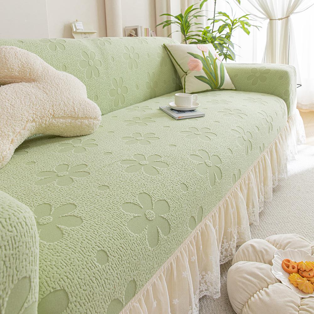 Чехол на диван с юбкой в стиле «Крем с цветами» Новый всесезонный универсальный чехол для защиты дивана с прямыми линиями и полной покрываемостью