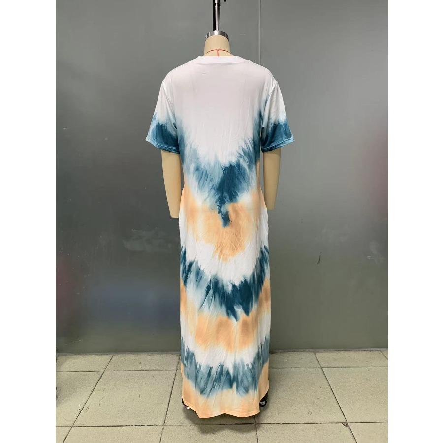 Casual Beach Maxi Tie Dye Printed Dresses Women's Spring Summer Short Sleeve V-neck Plus Size Long Dress