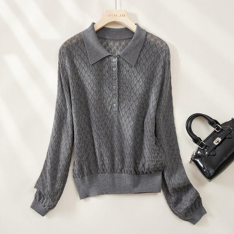 Женская трикотажная рубашка-поло с узором аргайл из шелковой смеси Jinjuan