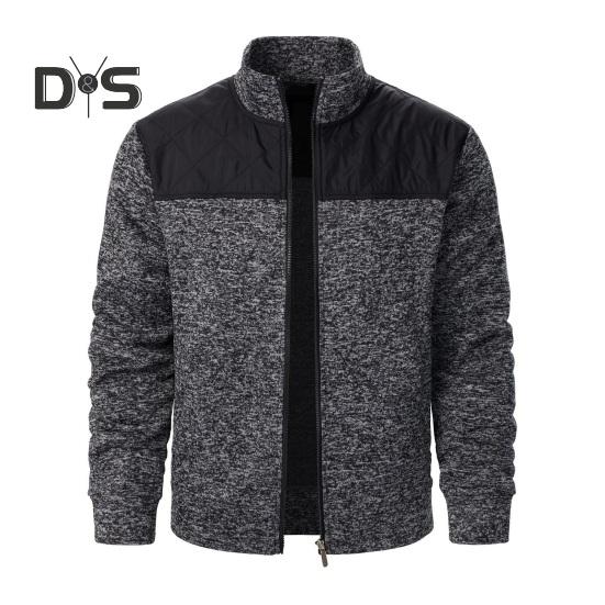 Осень-зима мужская куртка трикотажная пэчворк застежка-молния воротник стойка кардиган длинные рукава средней длины приталенный крой термопальто