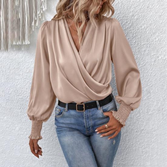 Мягкая рубашка большого размера, стильный женский элегантный шикарный однотонный топ с v-образным вырезом и рукавами-фонариками для пригородных вечеринок