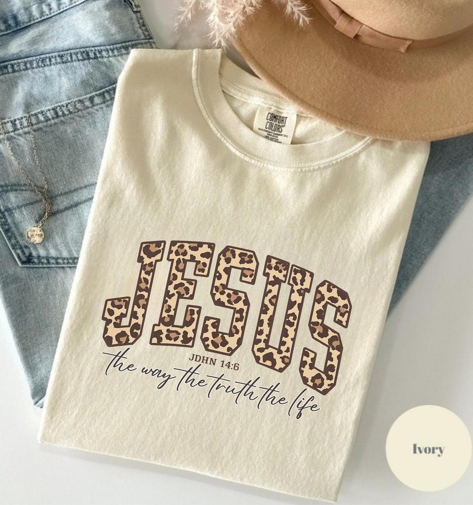 Comfort Colors® Christian Jesus Shirt, Cheetah Print Bible Verse shirt, Trendy Faith Apparel, Jesus Loves You, The Way The Truth The Life