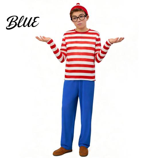 Kids Adult Role Play Costume Halloween Red White Striped Shirt for Adults Kids Nerd Glasses Parties Shirts Hat Included Men Women Children