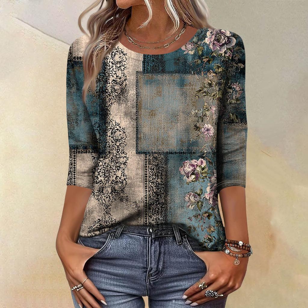 Модный винтажный топ с рукавом три четверти для женщин, женская повседневная блузка-футболка с круглым вырезом и принтом
