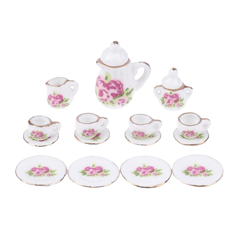 1Комплект 1:12 миниатюрных керамических чайных сервизов для кукольного домика, чашка, чайник, поднос, цветы, столовые приборы, кухонный декор, игрушечные аксессуары для кукольного домика