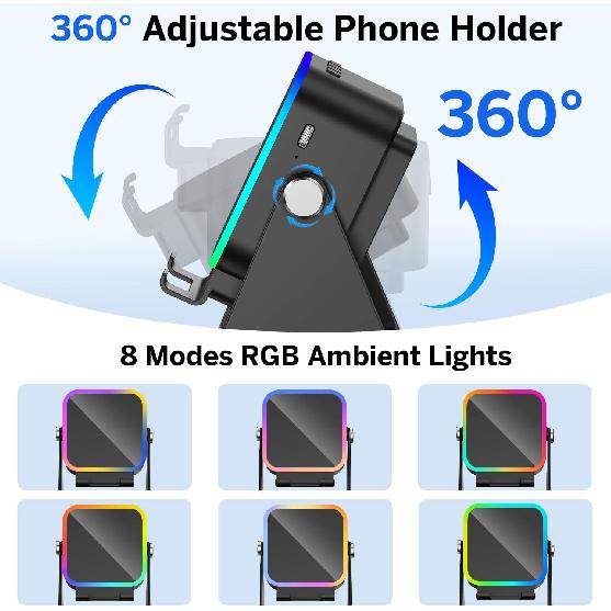 (upgrade)5 In 1 Auto-induction Wireless Induction Speaker 8 RGB Light Phone Stand Surround Sound Portable Bluetooth Phone Holder