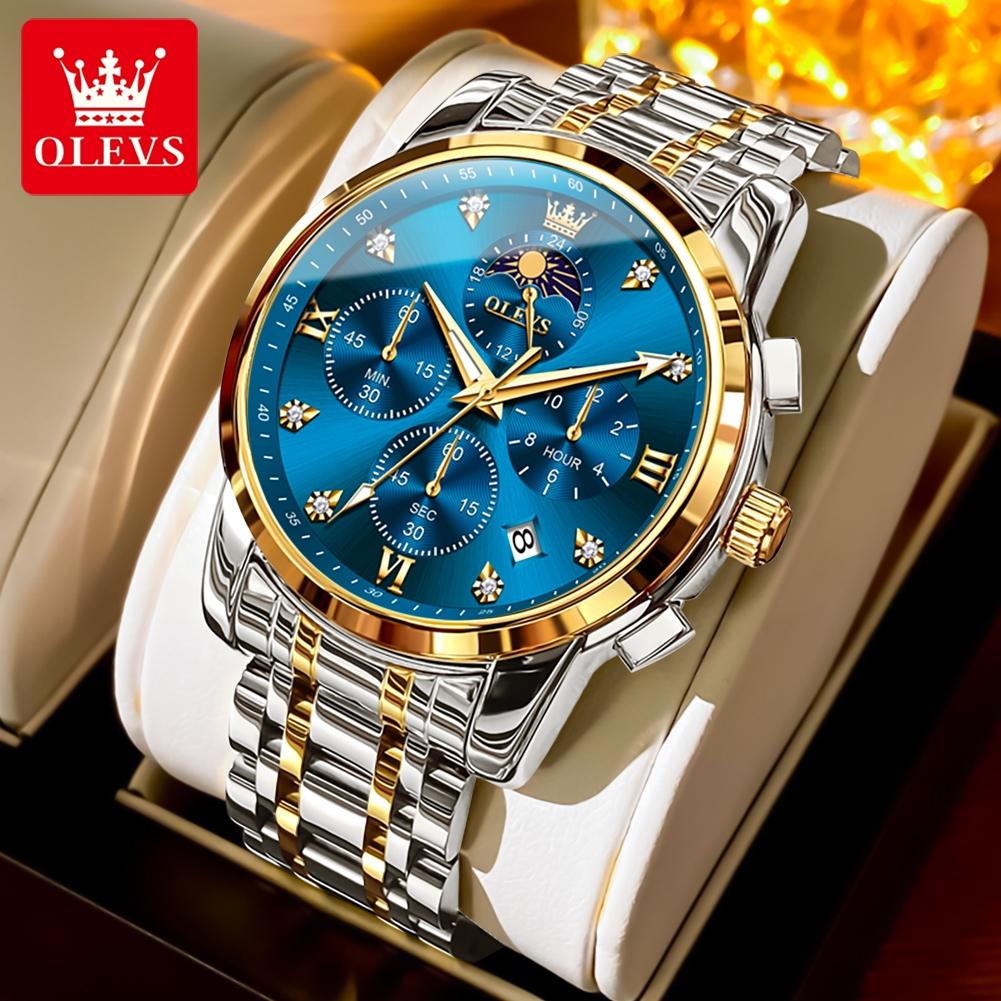 OLEVS Men's Watches Top Brand Luxury Fashion Fine Steel Multi-functional Original Quartz Wristwatch for Man Moon Phase Date 3655