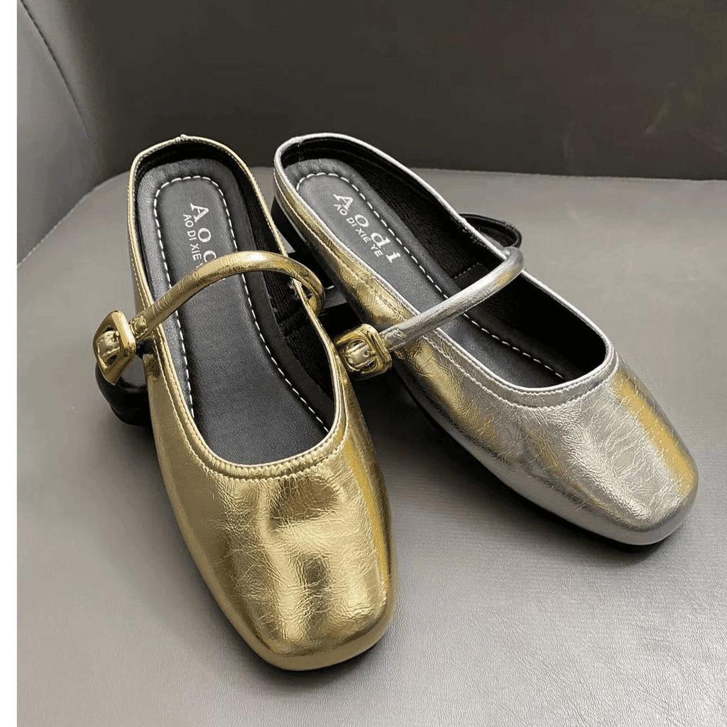 Flat bottom square head silver French bag head drag girl 2025 summer and autumn new shallow mouth Doudou grandma Mary Jane shoes