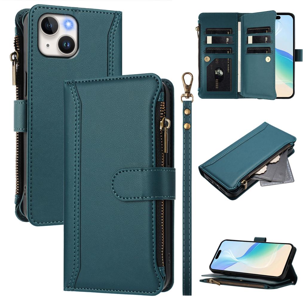 For iPhone 15 Leather Case 9 Card Slots Zipper Wallet Stand Phone Cover with Wrist Strap