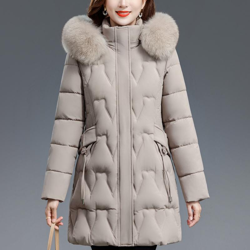 Middle Age Woman Winter Coats Hooded Faux Fur Collar Casual Thick Warm Long Parkas Women's Jackets