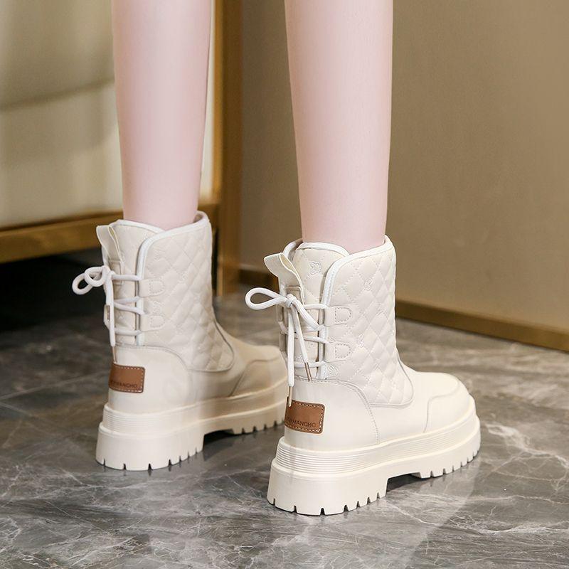 Водонепроницаемые кожаные ботинки на шнуровке на толстой подошве для женщин, зимняя обувь для женщин на флисовой подкладке, утепленные, нескользящие, модные ботильоны 2025