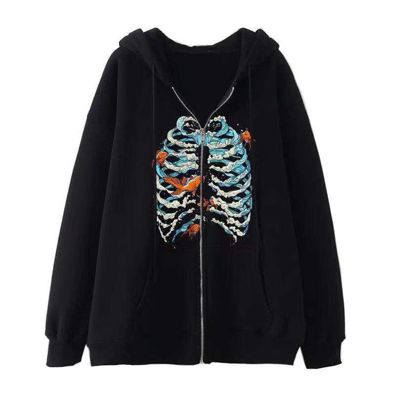 Dark Skull Graphic Zip Up Hoodie Gothic Streetwear Loose Fit Men Women Teens
