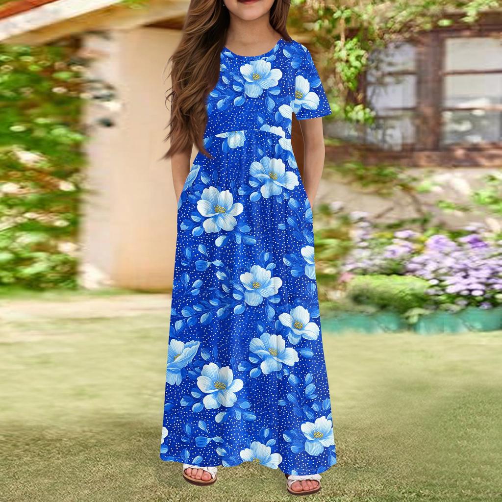 Длинное летнее платье для девочек - платье макси с короткими рукавами и карманами для детей 4-14 лет