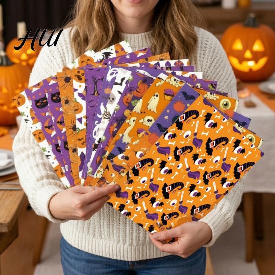 Classic Halloween Elements Stickers 12 Sheets Scrapbook Paper Set, 6x6in Double-Sided Craft Paper, Pumpkin Themed PaperPack Ghost Bat Pattern
