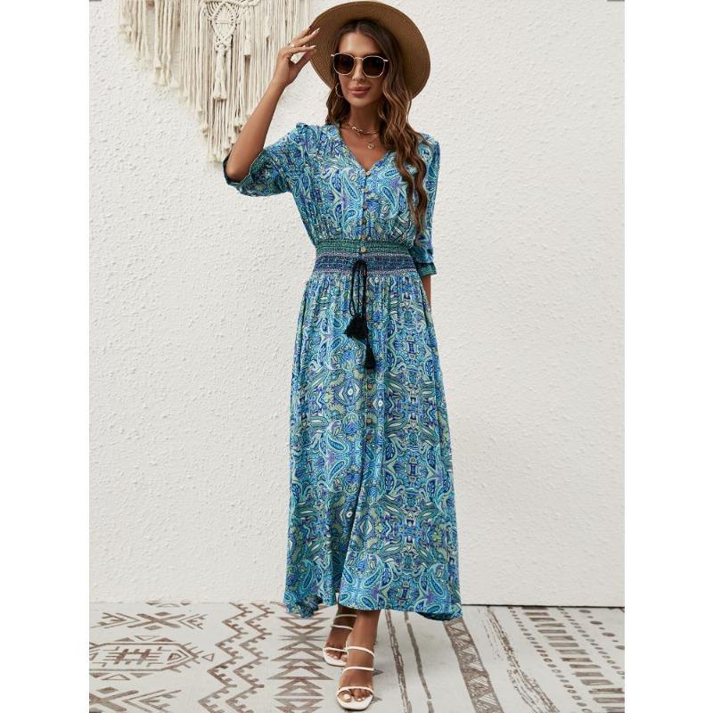 Летнее женское платье с седьмым рукавом и завязками на талии, богемные повседневные пляжные платья для отпуска