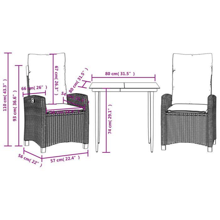 VidaXL Ensemble à Manger de Jardin avec Coussins 3 pcs, Table et Chaises avec Dossier Réglable, Meubles d'Extérieur, 3212762