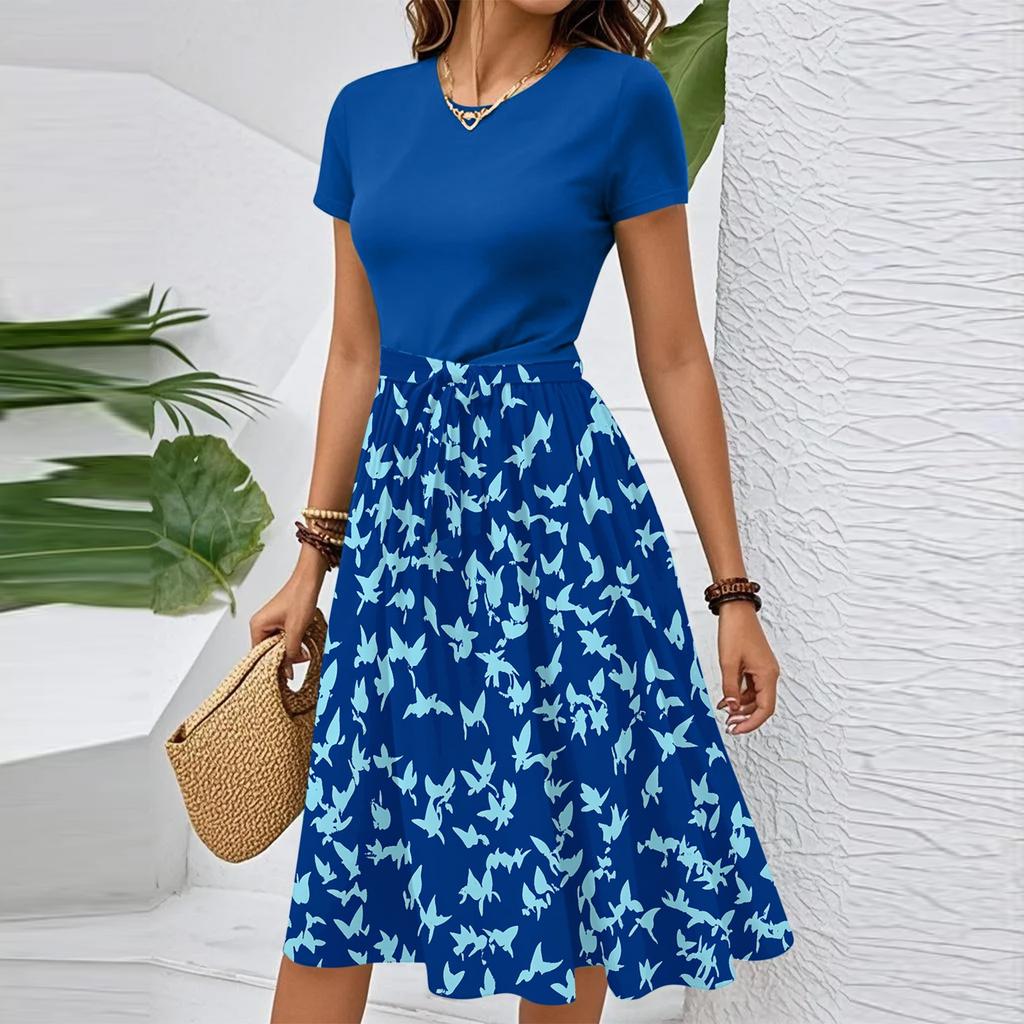Women's Casual Fashion Belted Floral Print Short Sleeve Round Neck Elegant Dress