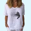 Women Fashion V Neck T-shirt Casual Cotton Linen Short Sleeve Top Ladies Pullover Print Blouse