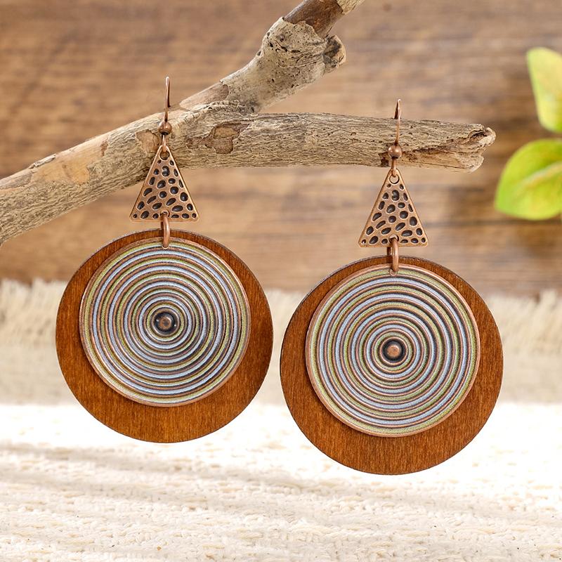 Vintage Boho Exaggerated Big Statement Round Wooden Metal Drop Earrings Woman Ethnic Creative Geometric Dangle Female Jewelry
