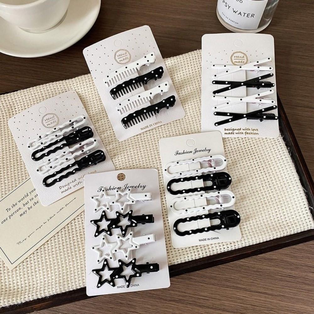4pcs/set Black White Color Hair Clip Set Geometric Polka Dot Hair Clips For Women