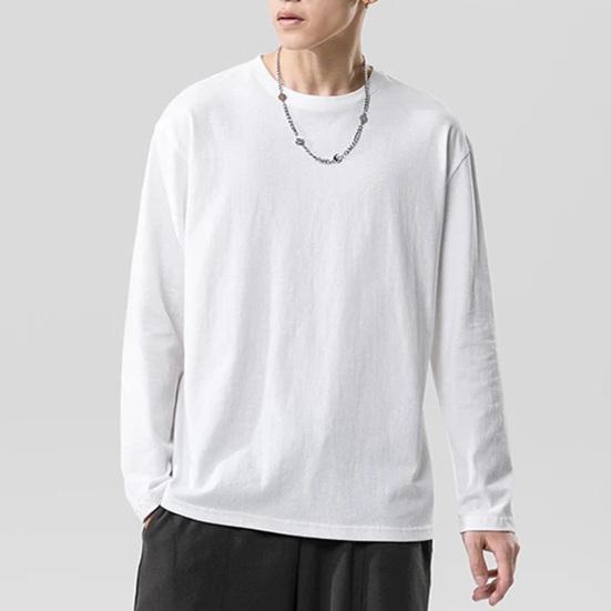 Мужская рубашка с круглым вырезом и длинным рукавом, мягкая дышащая футболка, однотонная, свободный крой, весна-лето, повседневные топы