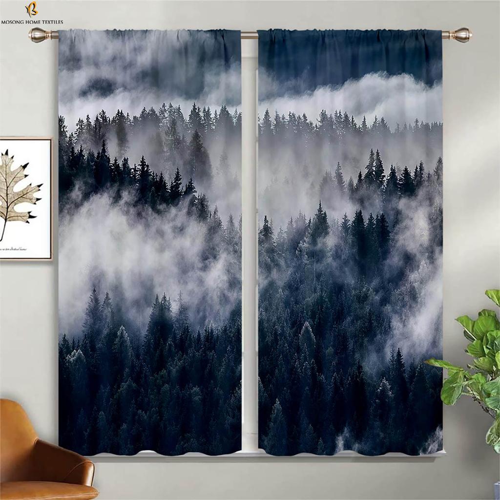 Шторы Misty Deep Forest Green Woods с 3D-печатью, подходящие для спальни, гостиной, кухни, декоративные шторы, 2 шт.