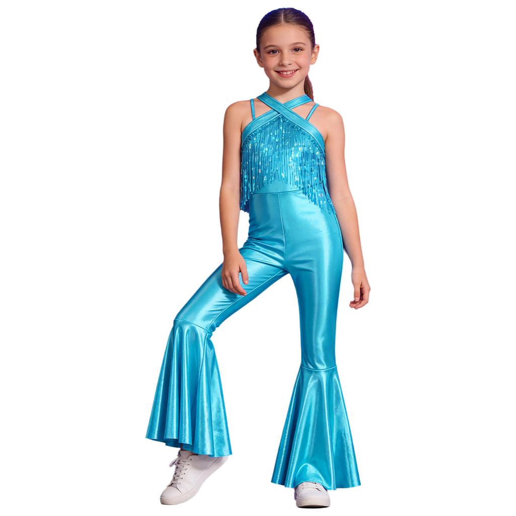 Kids Metallic Disco Dance Bodysuit: Sleeveless Sequins Tassels Jumpsuit with Back Invisible Zipper & Flared Pants