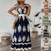 Women Summer Dress V-Neck Flying Short Sleeve Beach Dress Printing High Waist Flowy Hem Vacation Dress