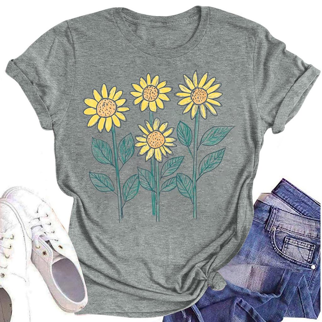Женская повседневная футболка с круглым вырезом и цветочным принтом, короткий рукав